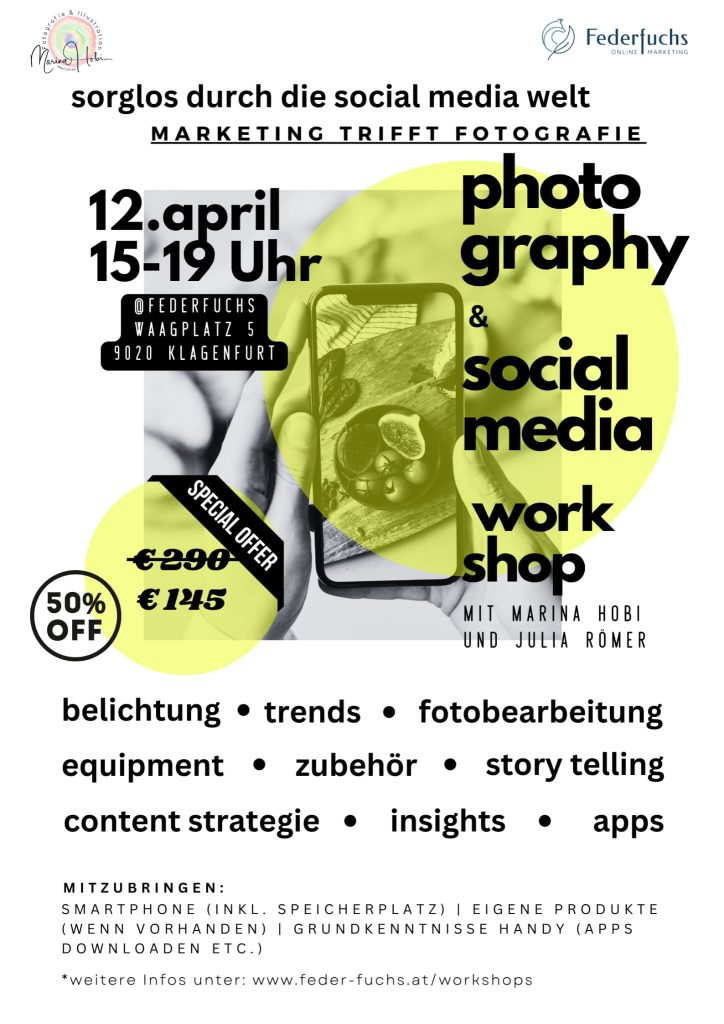 Workshop für Social Media und Fotografie von Federfuchs und Marina Hobi Fotografie in Klagenfurt.